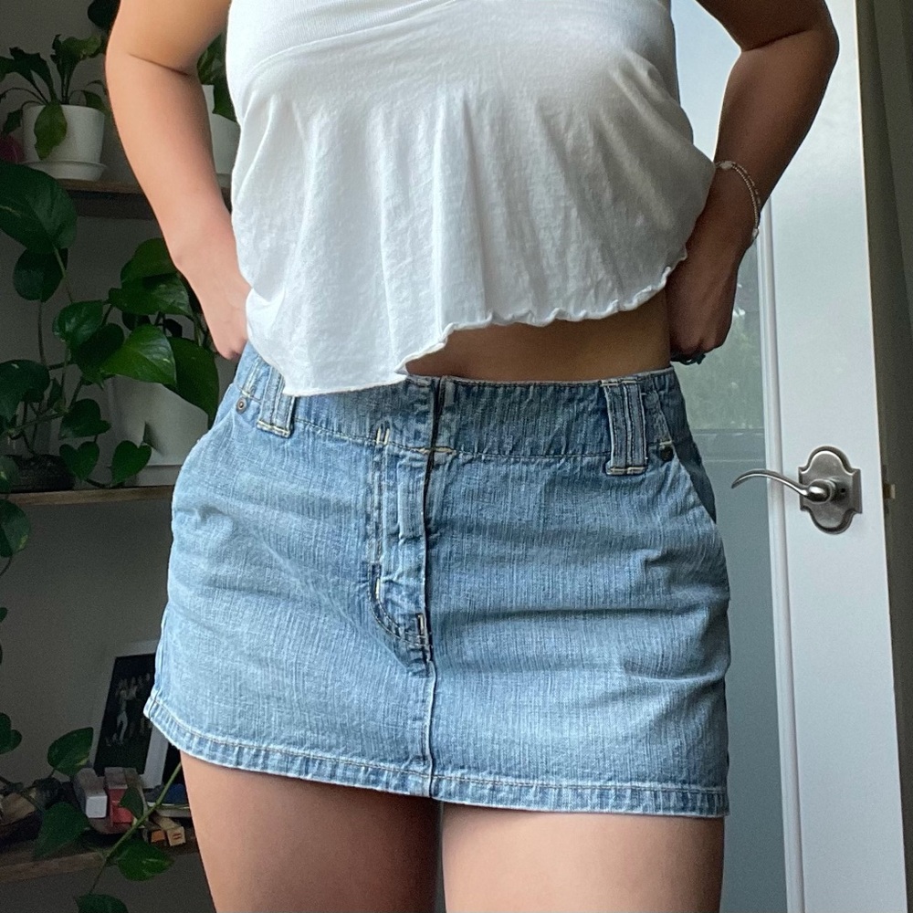 low rise mini denim skirt